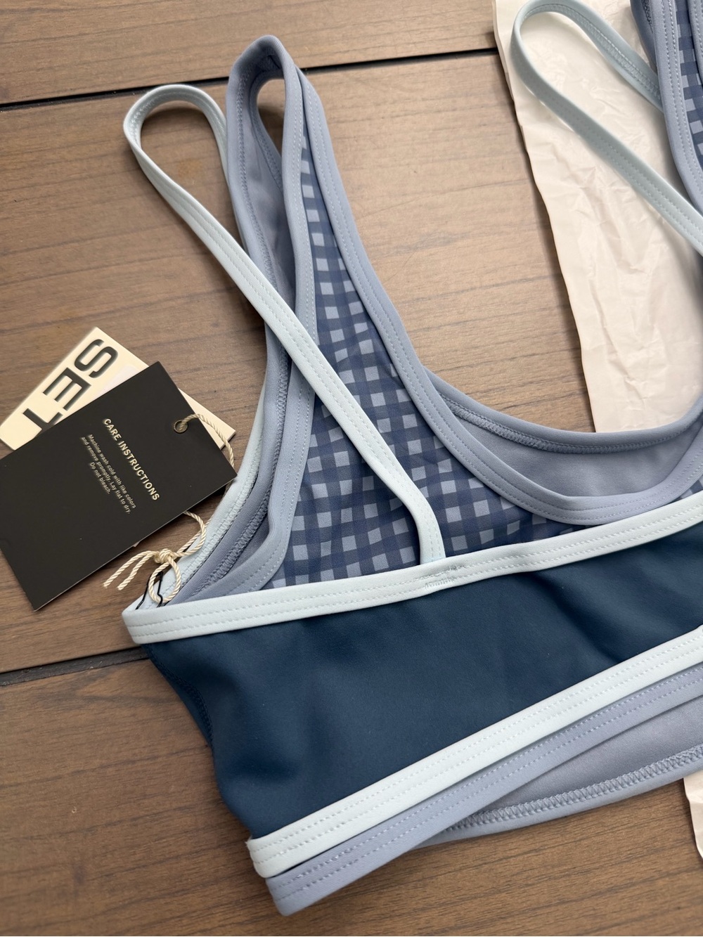 Set Active Luxform Lux Gingham Tempo Bra Blue Hammock Small BNWT Sold Out Gym - Picture 7 of 8